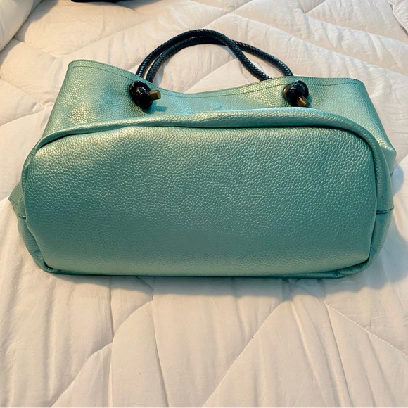 Large Metallic Blue and Black Reversible Leather Tote - Picture 5 of 9